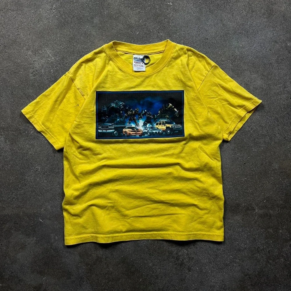 Gildan Transformers Movie Promo T Shirt Youth L Yellow Y2K Optimus Prime Graphic